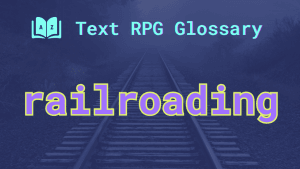 Railroad tracks disappearing into the mist and the word: railroading.