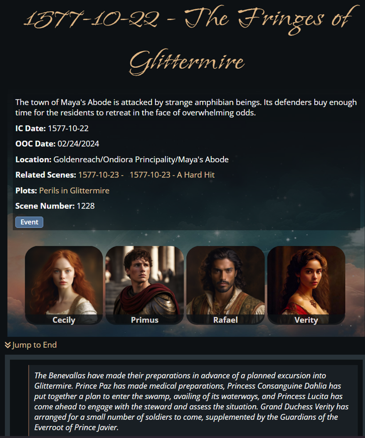 Example scene log in Concordia 1577-10-22 - The Fringes of Glittermire. The town of Maya's Abode is attacked by strange amphibian beings. Its defenders buy enough time for the residents to retreat in the face of overwhelming odds.