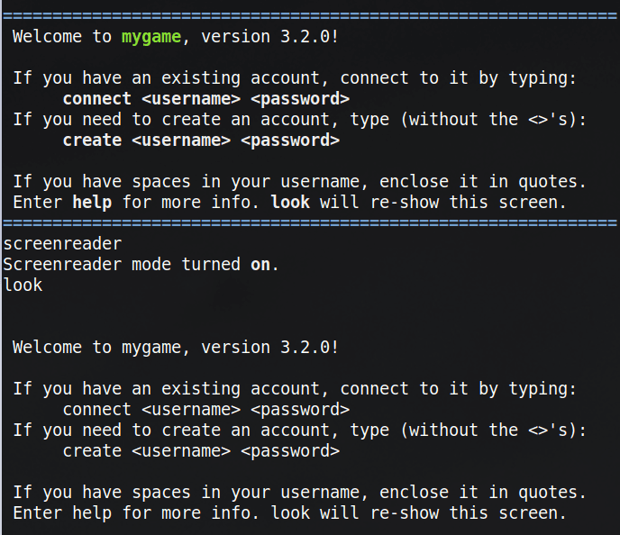 Comparison between before and after screenreader mode is enabled. Before, there is color and ASCII printed to the screen. After, there is only readable text.