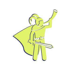 A simple drawing of Heimdall with horned helmet, sword, cloak, and horn.