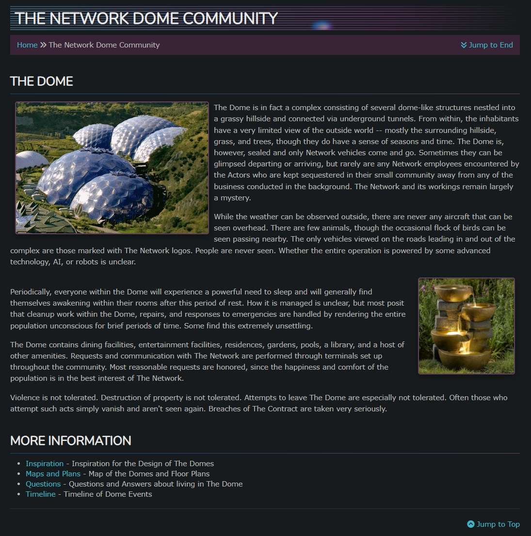 An overview of the game's Dome complex, including a few images designed to leave the details of the interior to the imagination.