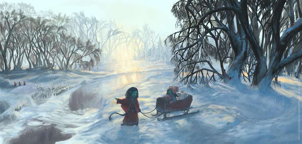 Digital painting of a creature in a red robe pulling a sleigh full of presents with a snowy landscape in the background.