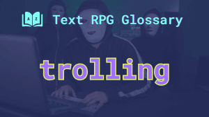 Players in hoodies and masks at their keyboards and the word: trolling.