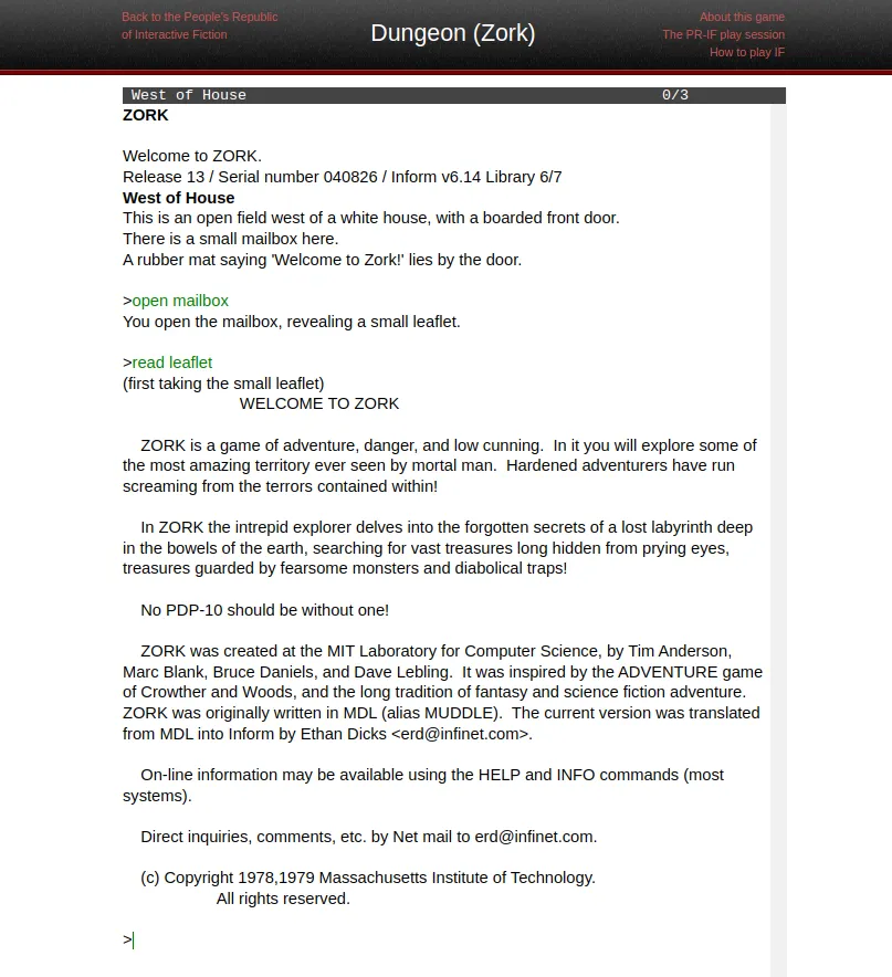 The beginning of Zork, which shows the game's credits.